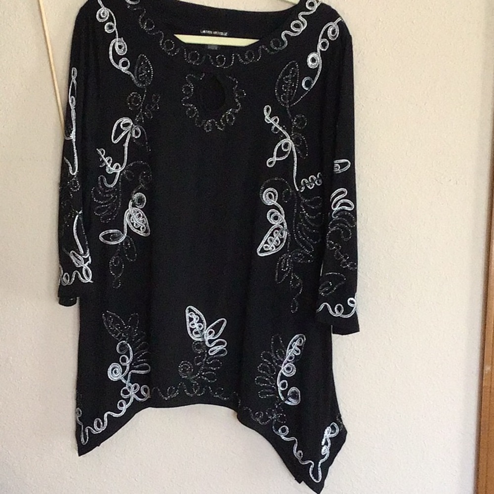 GORGEOUS floaty black & silver embroidered sleeved tunic, XL - Picture 2 of 6